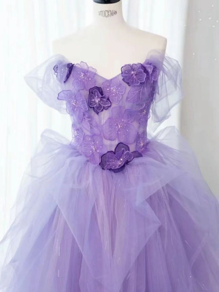 Off Shoulder Purple Tulle Long Prom Dress Lace Floral Long Evening Dress DP525