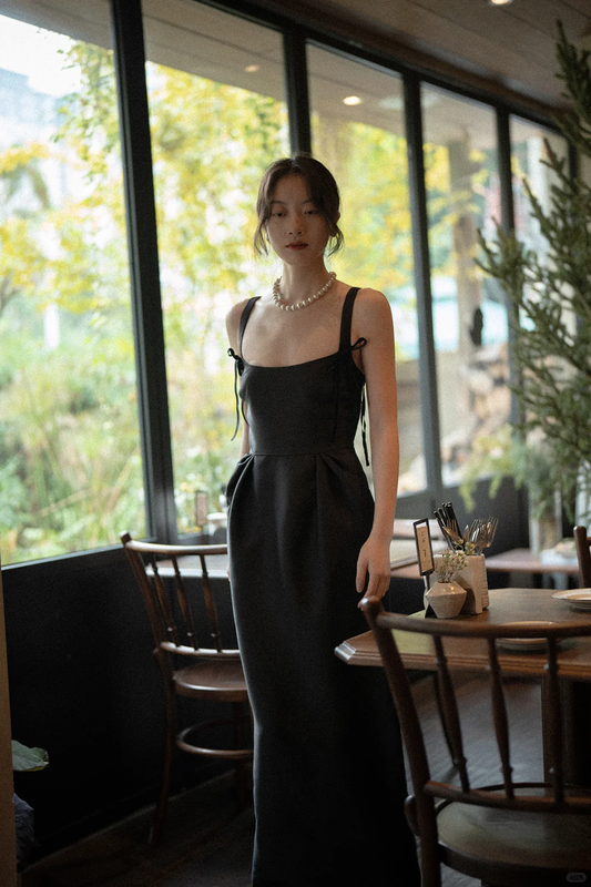 Classic Black A Line Spaghetti Strap Satin Long Prom Dress Party Dress Outfits DP4527