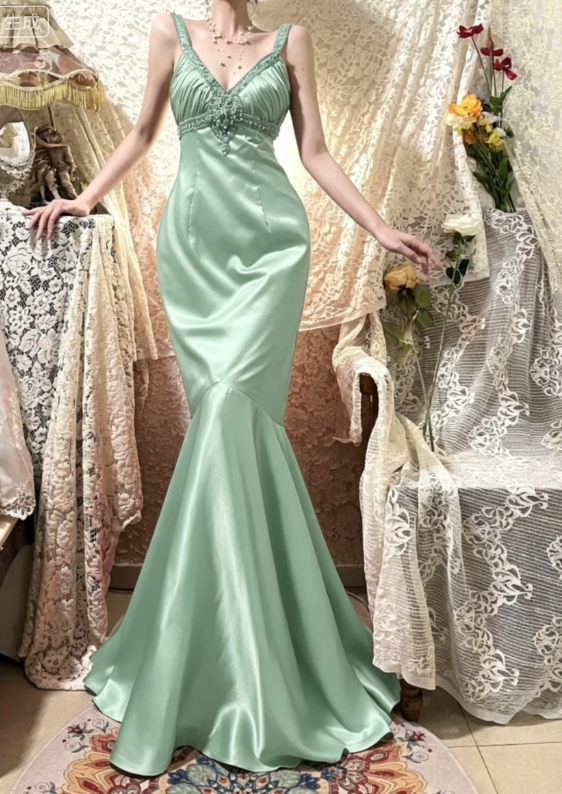 Vintage Red Mermaid Straps Exquisite Beaded Satin Prom Dress DP5178