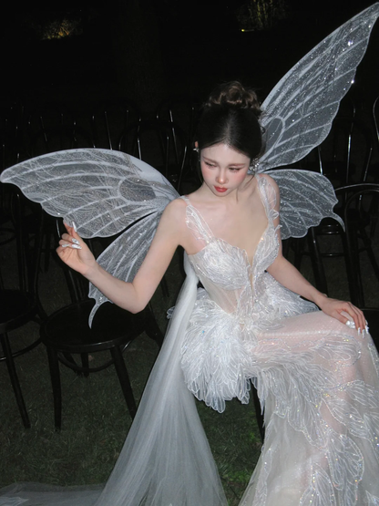 White Butterfly Fairy Shiny Beaded Tulle Long Prom Dress Evening Dress DP5384