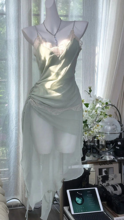 Light Green Sheath Spaghetti Strap Lace Chiffon Short Homecoming Dress Wedding Guest Dress DP3809