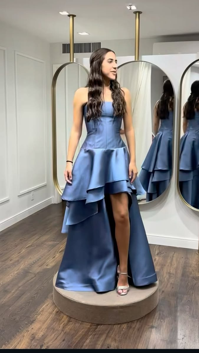Dark Blue A Line Strapless Layered Satin Long Prom Dress Evening Dress DP8067