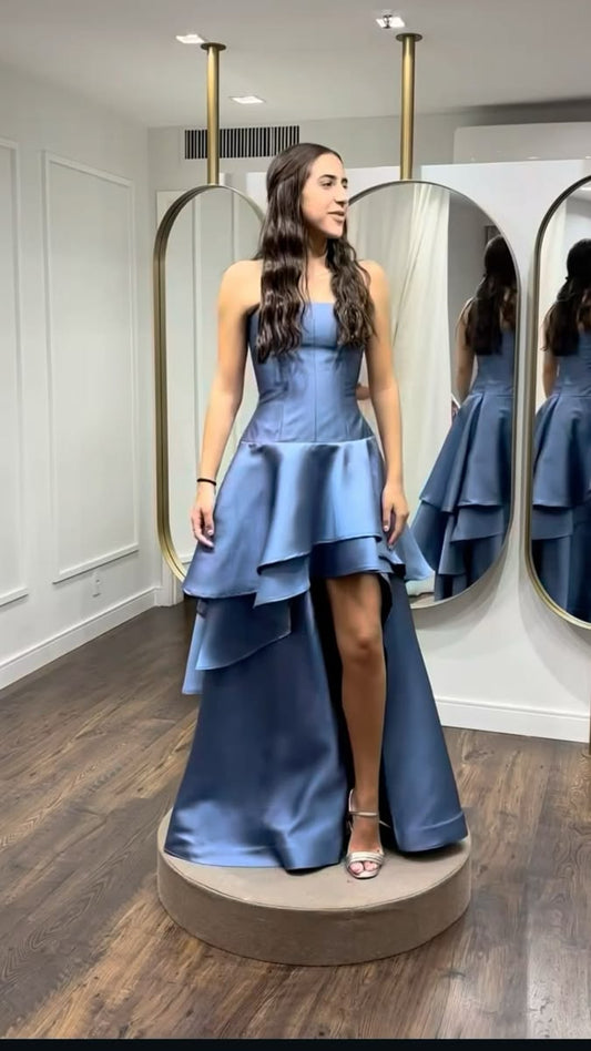 Dark Blue A Line Strapless Layered Satin Long Prom Dress Evening Dress DP8067