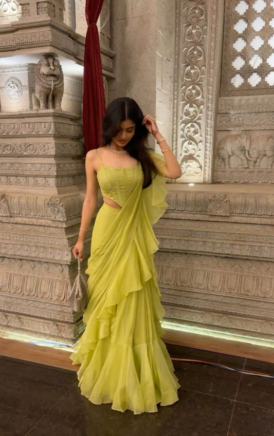 Flowy Green Ruffle A Line Spaghetti Strap Chiffon Long Prom Dress Evening Dress DP2921