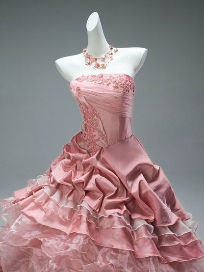 Sweety Pink Ball Gown Strapless Beaded Layered Satin Organza Prom Dress Quinceanera Dress DP5066