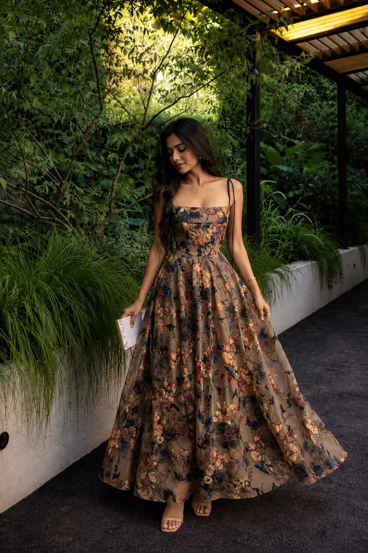 Pretty A Line Spaghetti Strap Print Floral Chiffon Long Prom Dress Graduation Prom Dress DP6666