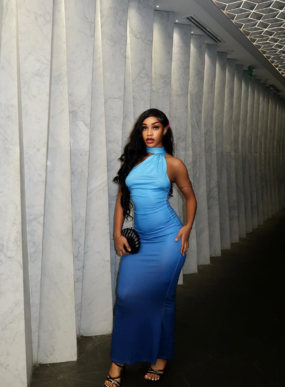 Uniques Sheath Halter Ombre Blue Satin Prom Dress Evening Dress DP1913