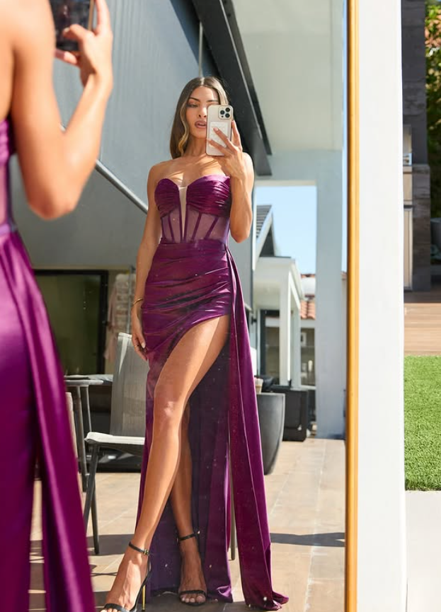 Sexy Purple Sheath Sweetheart Neck Corset Satin Prom Dress Evening Dress Date Dress with Slit DP6189