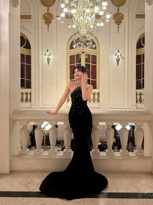 Classic Mermaid Halter Beaded Black Satin Open Back Prom Dress 16th Birthday Dress Long Sweep DP3973