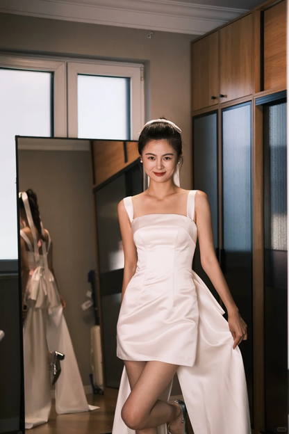 Simple A Line Strap White Satin Homecoming Dress Birthday Dress with Bow DP2696