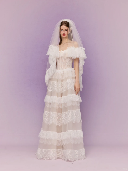 Pretty A Line Off the Shoulder White Layered Lace Long Prom Dress Evening 18th Birthday Dress DP3347