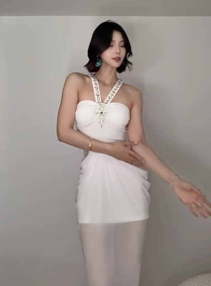 White Elegant Simple Halter Beaded Chiffon Party Dress Date Dress Evening Dress DP2959