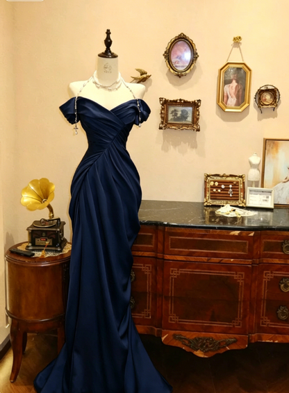 Elegant Mermaid Off the Shoulder Pearl Pleated Satin Prom Dress 21th Birthday Dress DP3917