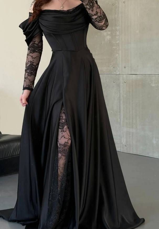 Elegant Black A Line Long Sleeve Lace Satin Prom Dress Eveening Dress DP5632