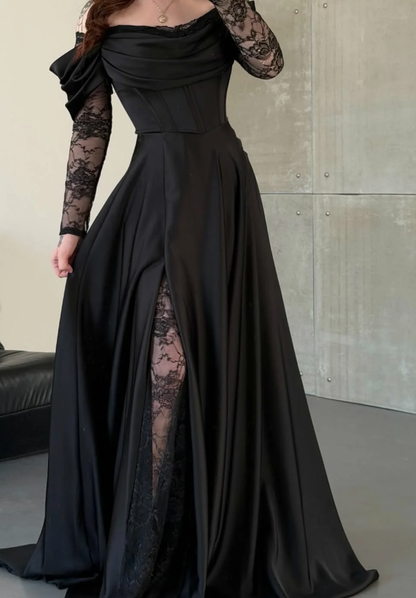 Elegant Black A Line Long Sleeve Lace Satin Prom Dress Eveening Dress DP5632