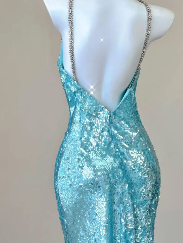 Shiny Blue Mermaid Halter Beaded Sequin Open Back Prom Dress Evening Dress DP4682