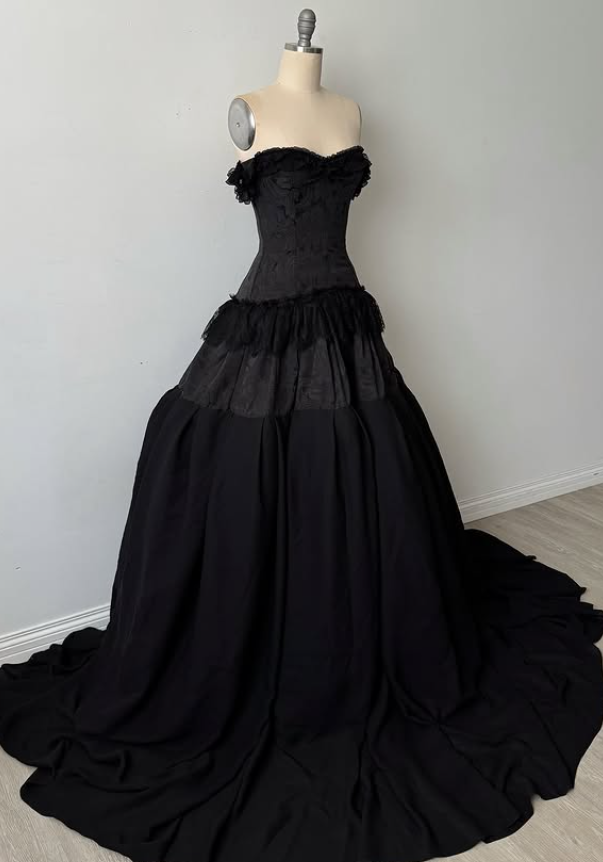 Black Ball Gown Off the Shoulder Satin Lace Prom Dress 16th Birthday Dress DP4281