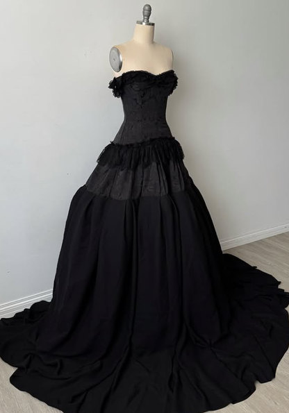 Black Ball Gown Off the Shoulder Satin Lace Prom Dress 16th Birthday Dress DP4281