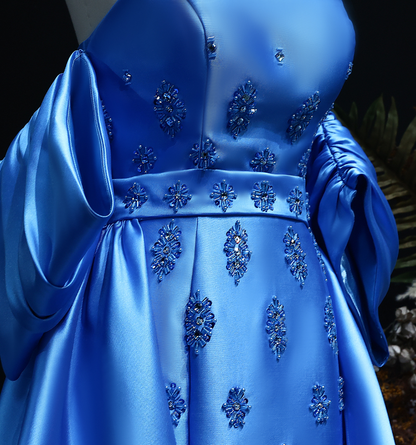 Elegant A Line Off the Shoulder Beaded Blue Satin Long Prom Dress Evening Dress DP1918