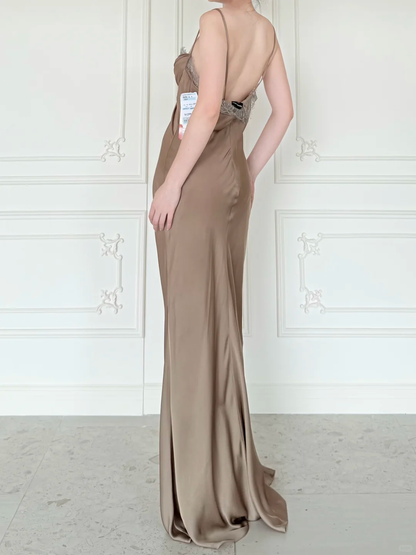 Simple Sheath Spaghetti Strap Brown Satin Long Prom Dress Evening Dress DP6447