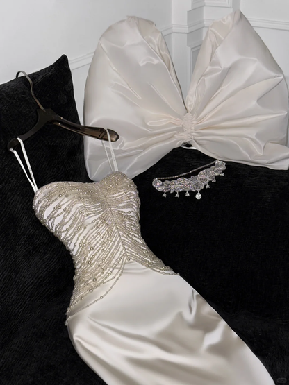 Elegant Mermaid Strapless Pearl White Satin Long Sweep Wedding Dress Prom Dress DP2562