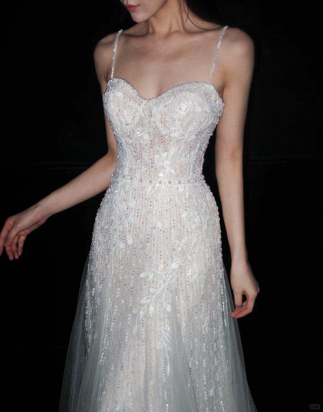 Fairy A Line Spaghetti Strap White Beaded Sequin Tulle Long Wedding Dress DP8113