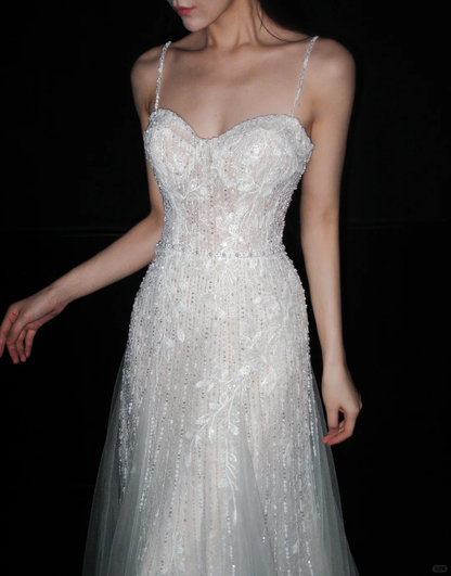 Fairy A Line Spaghetti Strap White Beaded Sequin Tulle Long Wedding Dress DP8113