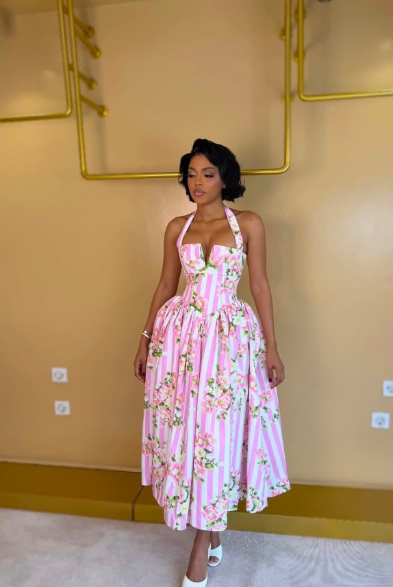 Summer A Line Halter Pink Print Stripe Satin Backless Prom Dress Outfits DP6322