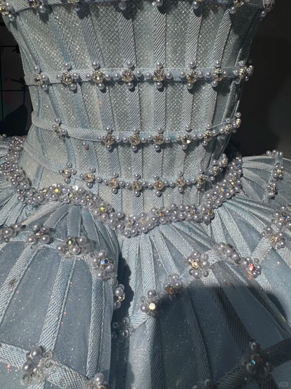 Luxurious Baby Blue Ball Gown Strapless Beaded Tulle Prom Dress Evening Dress DP6985