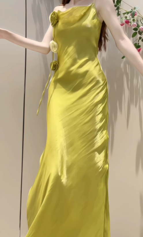 Stunning Sheath Spaghetti Strap Green Flower Satin Prom Dress Evening Dress with Slit DP3561