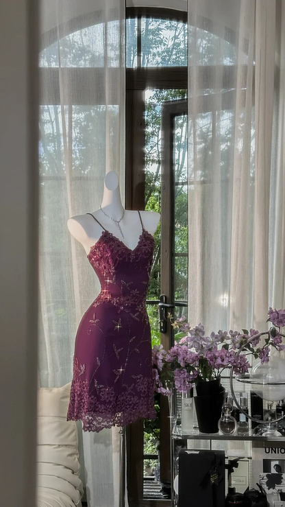 Dark Purple Beaded Sequin Lace Chiffon Prom Dress Date Dress Homecoming Dress DP2907