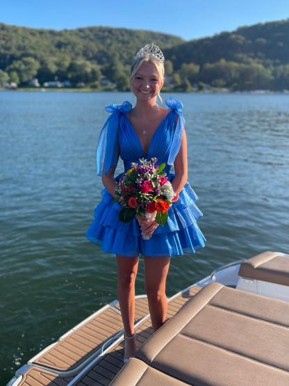 Blue A Line V Neck Tiered Tulle Short Homecoming Dress Birthday Dress with Bow DP1598