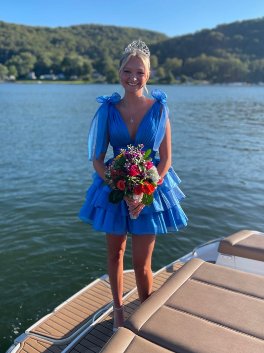 Blue A Line V Neck Tiered Tulle Short Homecoming Dress Birthday Dress with Bow DP1598