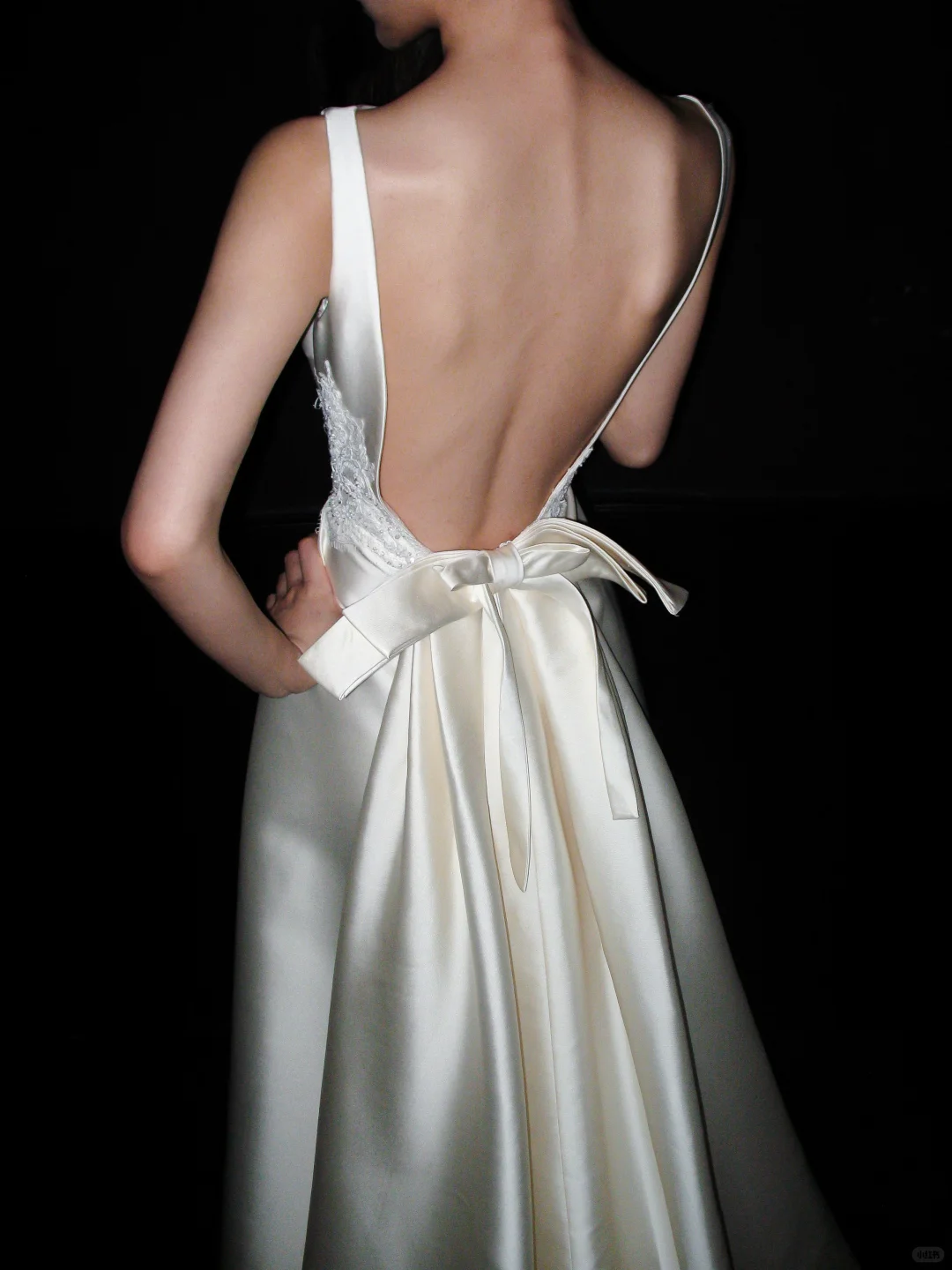 Backless Simple A Line White Beaded Lace Satin Long Wedding Dress DP5791