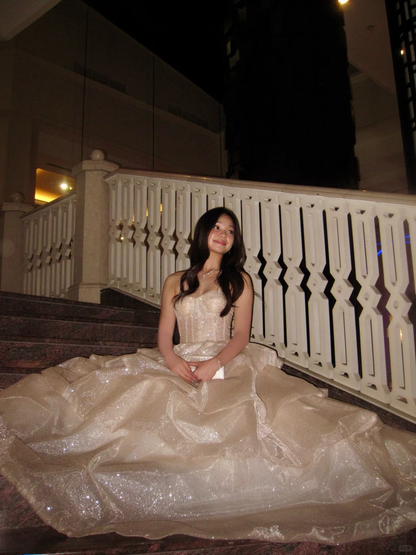 Shiny Champagne Gold A Line Sweetheart Neck Layered Sequin Prom Dress Evening Dress DP5393