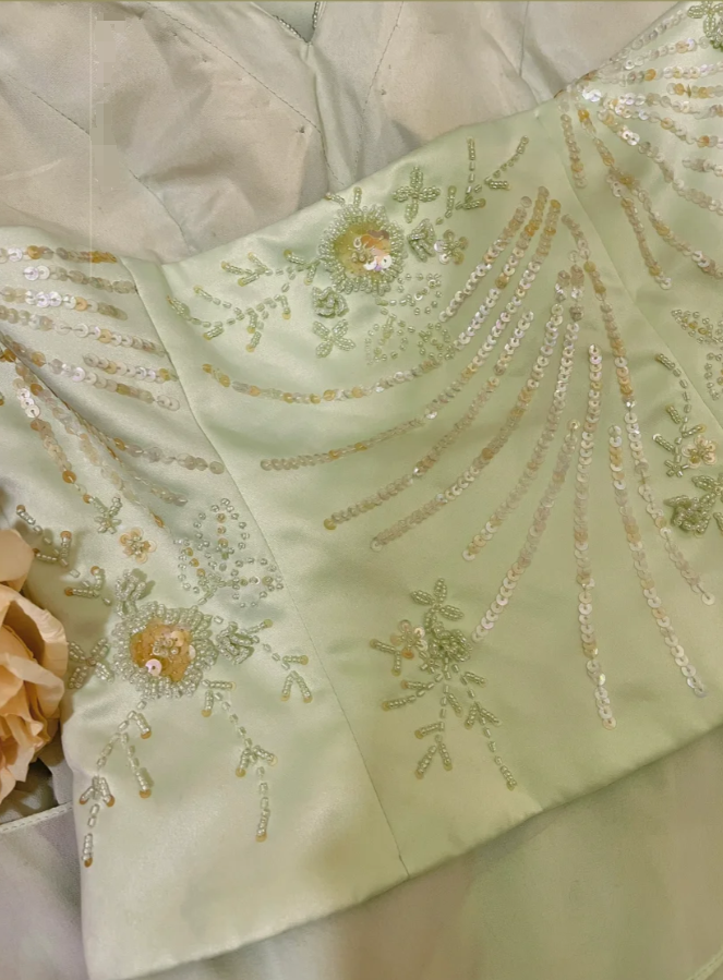 Vintage Sheath V Neck Beaded Green Layered Chiffon Prom Dress Wedding Guest Dress DP4280