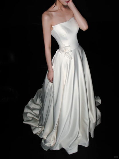 High-class A Line Strapless White Simple Satin Long Wedding Dress DP8081