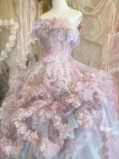 Purple Exquisite Ball Gown Strapless Floral Beaded Tulle Prom Dress 16th Birthday Dress DP3763