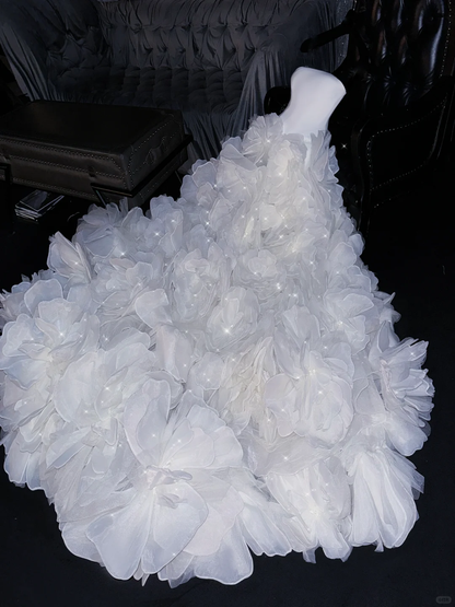 Stunning A Line Strapless White Floral Organza Prom Dress Evening Dress DP2459