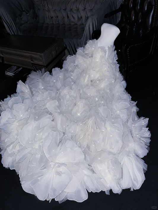 Stunning A Line Strapless White Floral Organza Prom Dress Evening Dress DP2459