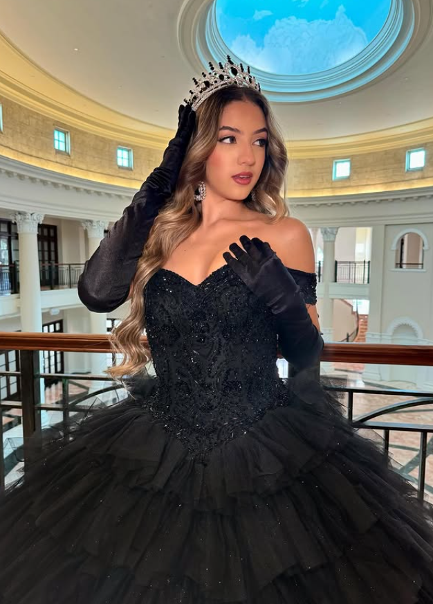 Black Ball Gown Off the Shoulder Beaded Layered Tulle Prom Dress Quinceanera Dress DP4834