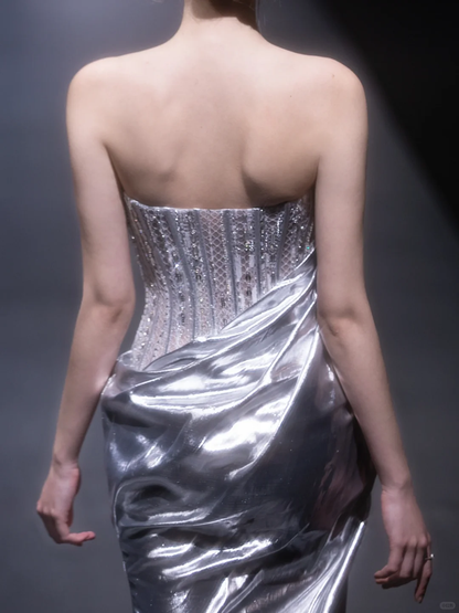 Unique Sheath Strapless Corset Silver Sequin Satin Prom Dress Evening Dress with Slit DP2800