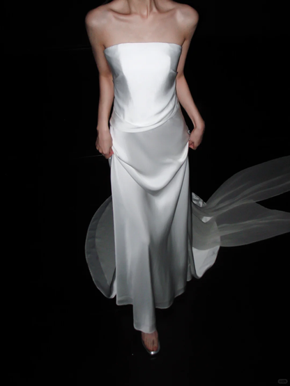 Elegant A Line Strapless White Satin Chiffon Long Wedding Dress DP5799
