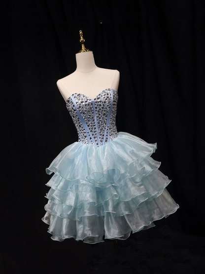 Luxurious Blue Tulle Beaded Short Party Dress Strapless Homecoming Dress DP565