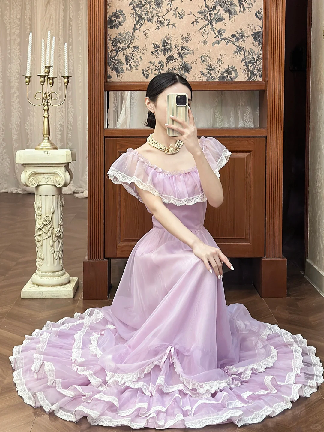 Vintage Lilac A Line Round Neck White Lace Chiffon Long Prom Dress Evening Dress DP5614