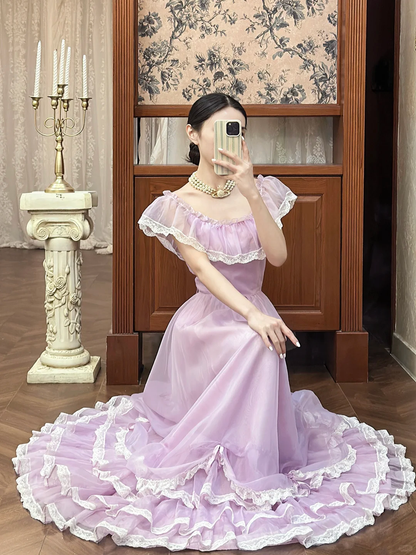 Vintage Lilac A Line Round Neck White Lace Chiffon Long Prom Dress Evening Dress DP5614