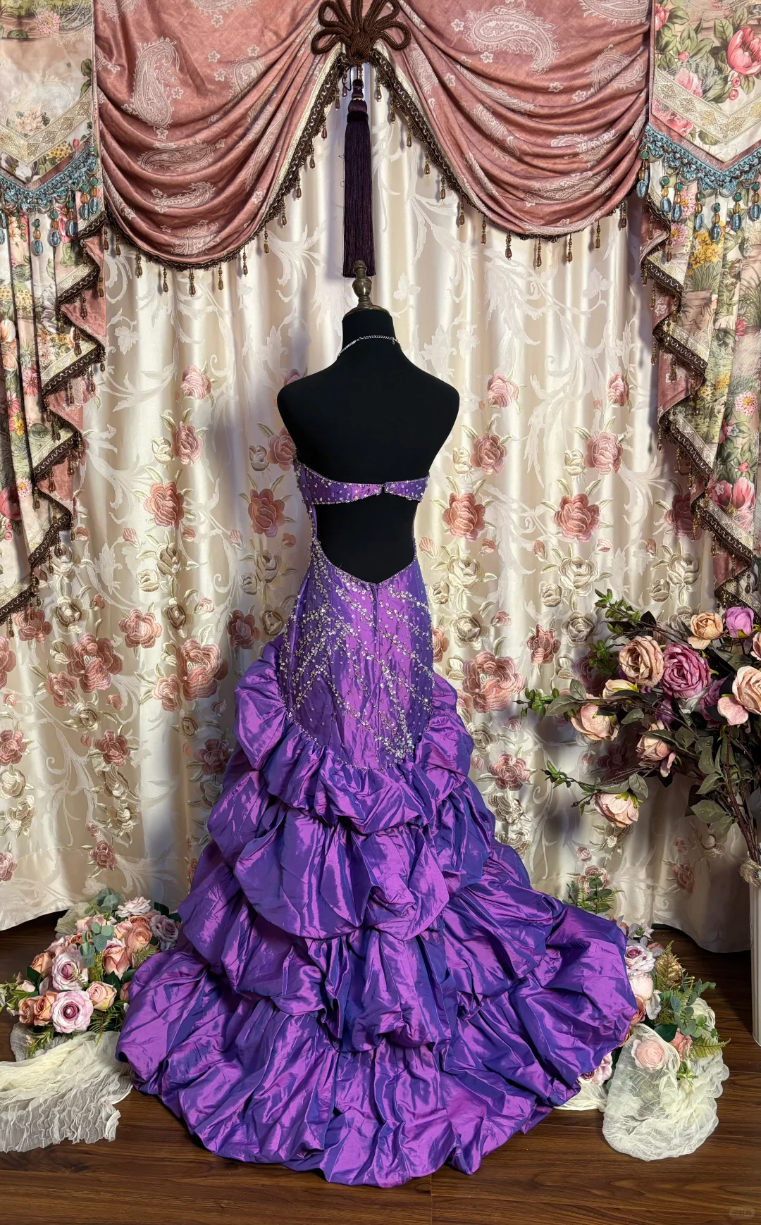 Purple Retro Mermaid Strapless Pleated Beaded Satin Open Back  Prom Dress Formal Dress DP3208