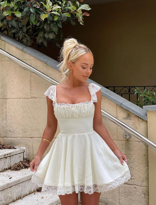 Cute A Line Straps Ivory Lace Satin Short Homecoming Dress Outfits DP1433