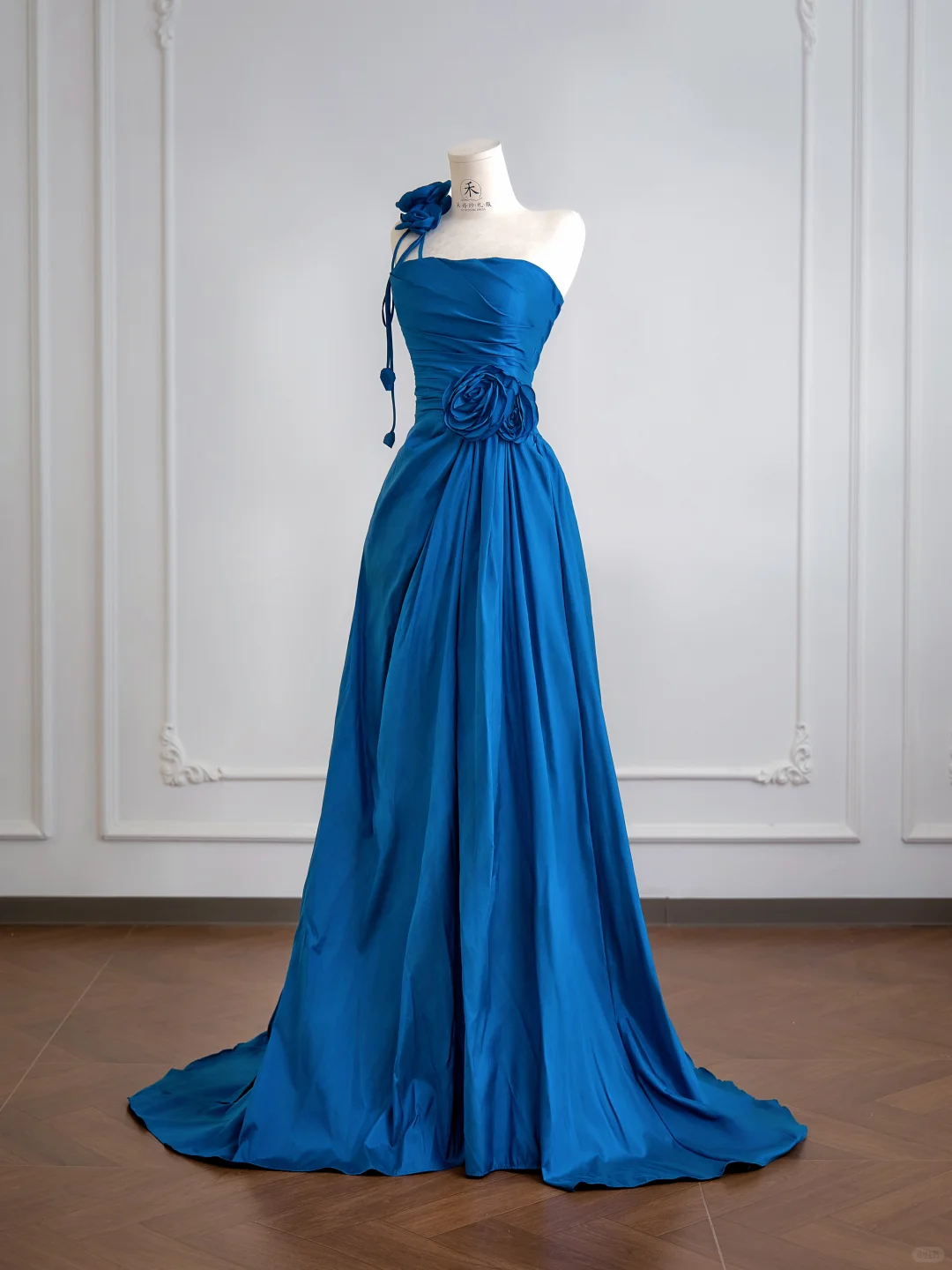 Classic Blue Ball Gown One Shoulder Floral Satin Prom Dress Wedding Guest Dress DP3877