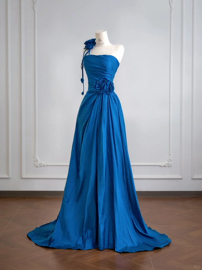 Classic Blue Ball Gown One Shoulder Floral Satin Prom Dress Wedding Guest Dress DP3877